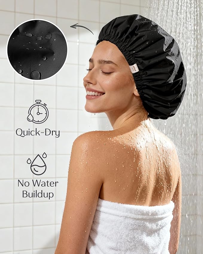 Yanibest Satin Lined Shower Cap for Women Reusable Waterproof, Frizz Free & Large Bath Cap with Soft Elastic Band, Luxury Hair Protection Caps (Black)