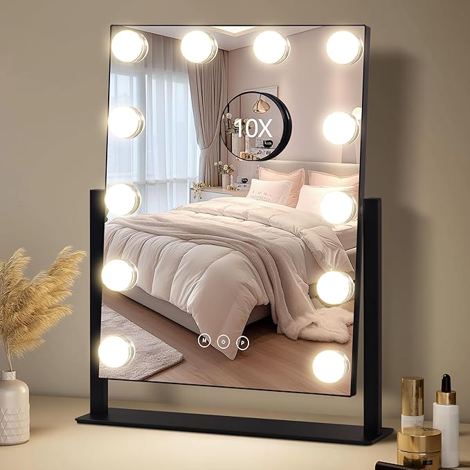 Vanity Mirror with Lights,Makeup Mirror with Lights,3 Color Lighting Modes Detachable 10X Magnification Mirror Touch Control,360°Rotation,White