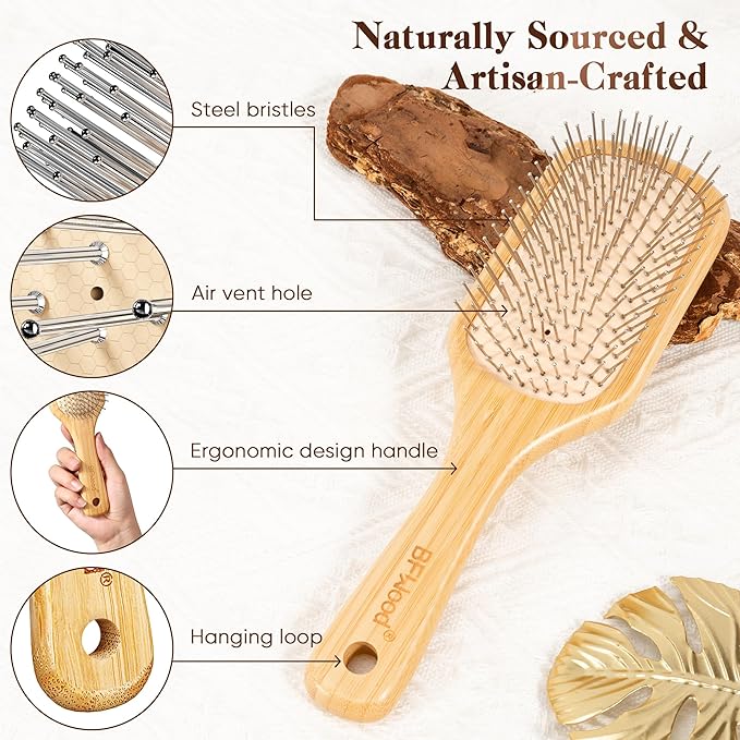 BFWood Bamboo Hair Brush with Steel Bristles, Metal Hair Brush Help Hair Growth and Massaging Scalp, Anti-frizz Metal Detangling Brush Styling Hairbrush