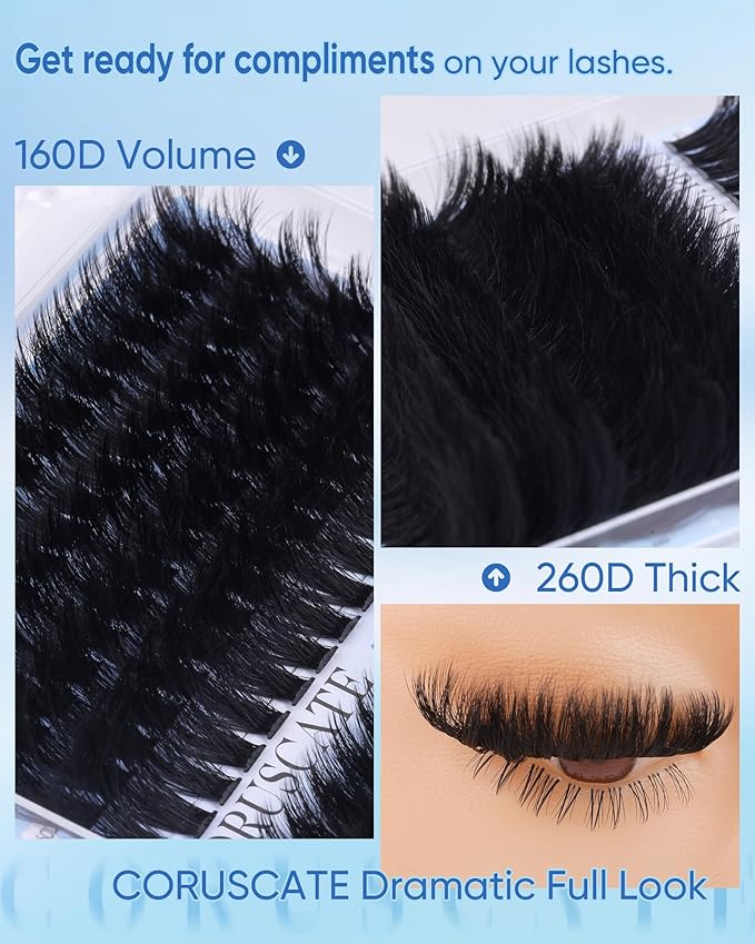 CORUSCATE Lash Clusters 160D+260D Mega Eyelash Clusters 12-20mm Mink Lashes Individual Thick Volume Cluster Eyelash Extensions Dramatic Salon Look Lash Extension DIY Cluster Lashes Travel Pal Pack