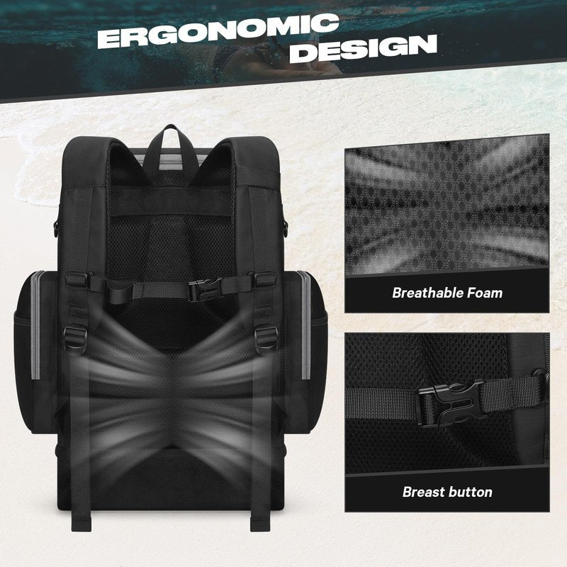 Maelstrom Swim Backpack,35L Swimming Bag with Separate Shoes Compartment,Swim Gear Bag for Beach,Athlete Sports Gym Rucksack for Men and Women (Black)