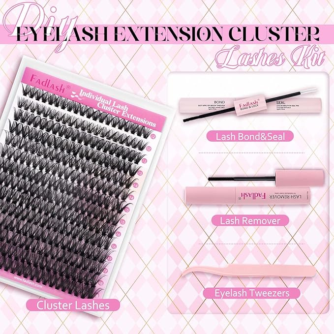 FADLASH Natural Lash Clusters Kit Individual Wispy Eyelash Clusters D Curl with Lash Bond and Seal Lash Glue Remover and Eyelash Tweezer for Beginners DIY at Home (40D-0.07D, 12-18mm, Kit)