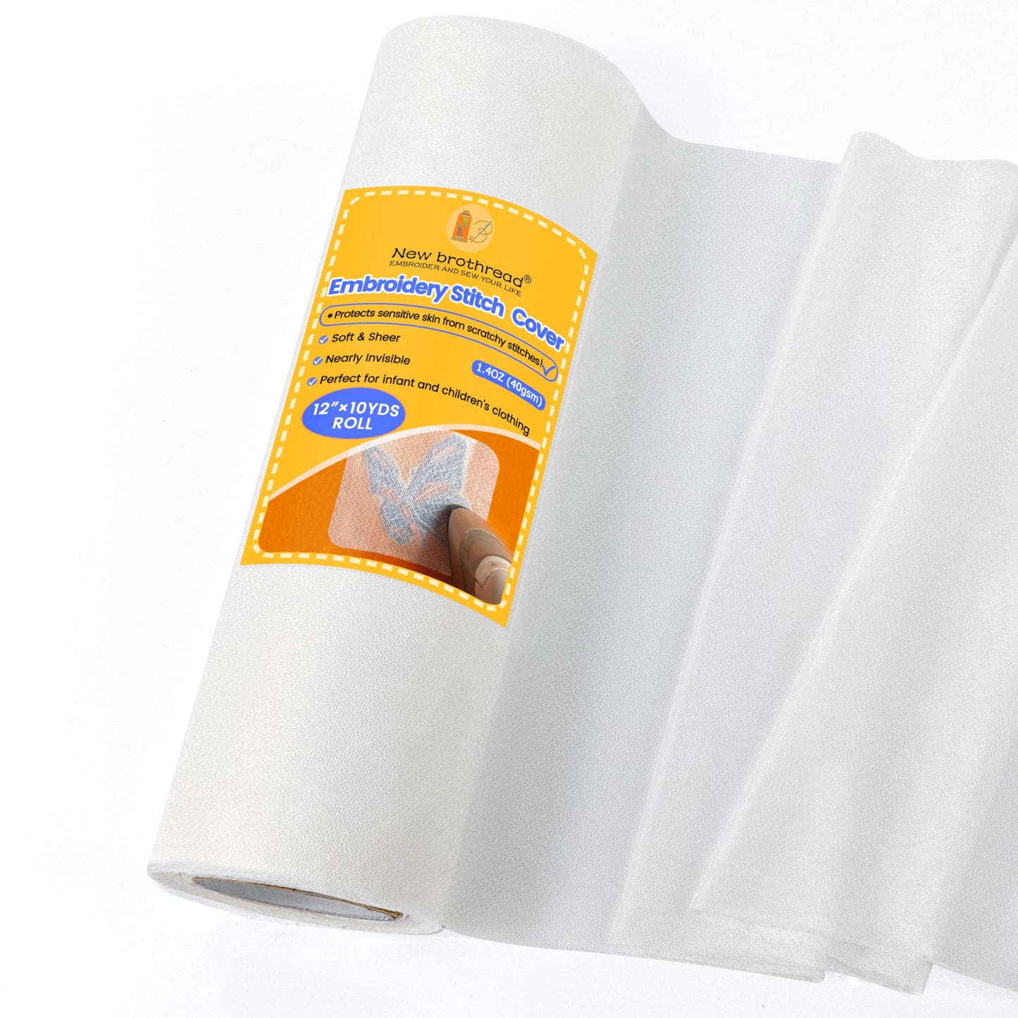 New brothread Soft & Cozy Embroidery Stitch Cover 12" x 10 Yd Fusible Light Weight Stabilizer Covering Scratchy Stitches - White