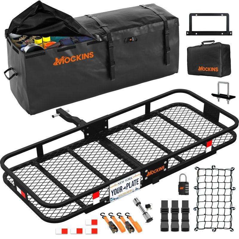 Mockins Folding Luggage Rack for SUV Car Truck ATV & More | 500 Lb. Capacity 6" Raised Shank Steel Trailer Hitch Cargo Carrier 48"x20"x6" w/ 15 Cu Ft Waterproof Cargo Bag & Accessories