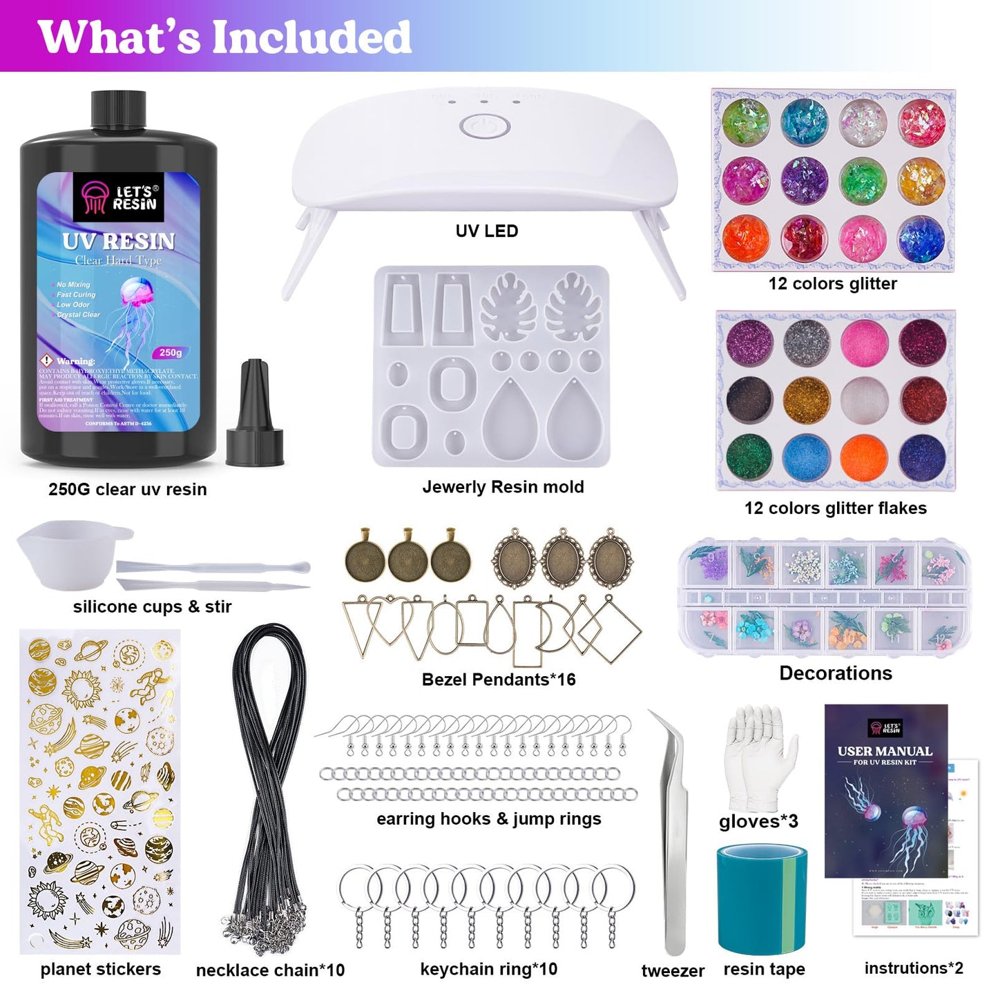 LET'S RESIN UV Resin Jewelry Making Kit - 153Pcs Crystal Clear 250g UV Resin Kit with Light, UV Resin Molds, Resin Starter Kit for Beginners, Keychain&Earring Making, Craft Decor