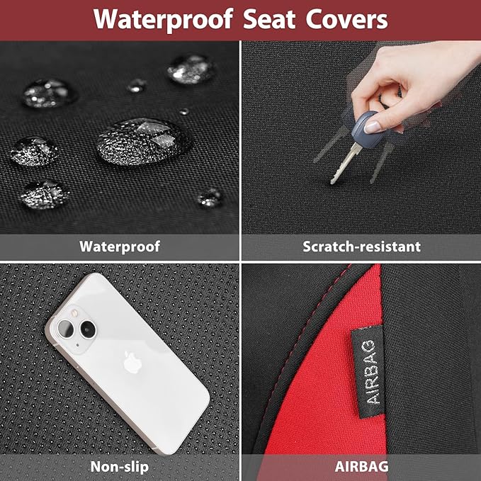 CAR PASS Neoprene Wetsuit Seat Covers, Waterproof Car Seat Covers Full Sets with 5mm Composite EVA, Universal Fit for Car,Sedan, SUV TrucksAnti Slip, Airbag Compatible(Black Red