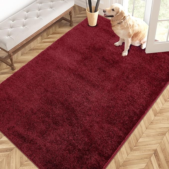 PURRUGS Easy Care Area Rug 4ft x 6ft, Non-Slip Machine Washable Entryway Rug, Dog Door Mat, Stain Resistant Accent Rug for Hallway, Living Room, Bedroom and Mudroom, Burgundy Red