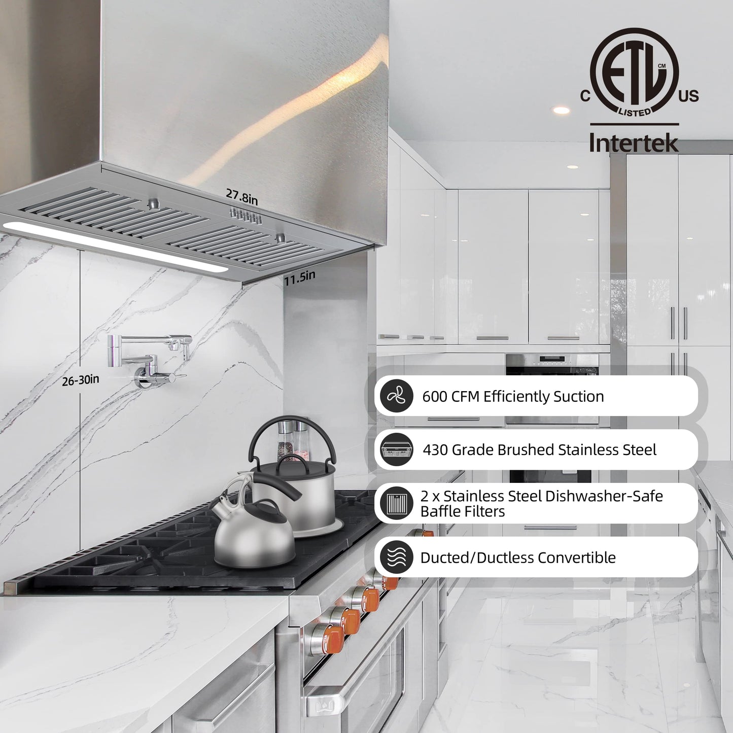 FIREGAS Range Hood Insert 30 inch, 600 CFM Ducted/Ductless Convertible Kitchen Hood with LED Light, Built-in Vent Hood with 3 Speed Exhaust Fan, Baffle Filters, Stove Hood with Carbon Filters
