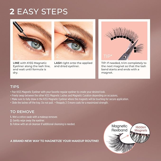 Kiss Magnetic False Eyelashes and Eyeliner, 'Lure', 12mm, Easy to Apply, Reusable, No Glue, Flexiband Technology, Precision Felt Tip, Fortified Formula, 1 Pair Strip Lashes