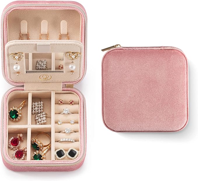 Plush Velvet Travel Jewelry Case, Travel Jewelry Organizer, Jewelry Travel Case, Travel Jewelry Box, Small Jewelry Case for Women, Jewelry Travel Box, Earring Organizer with Mirror - Pink