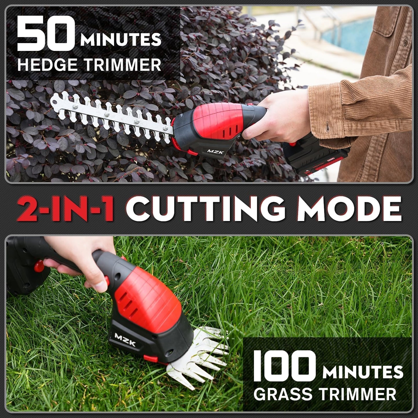 MZK 2-in-1 20V Pole Mini Hedge Trimmer & Grass Shear, 13ft Reach, Electric Hedge Trimmer with Extension Pole, Multi-Angle (2*Batteries and Charger Included) HT08D11