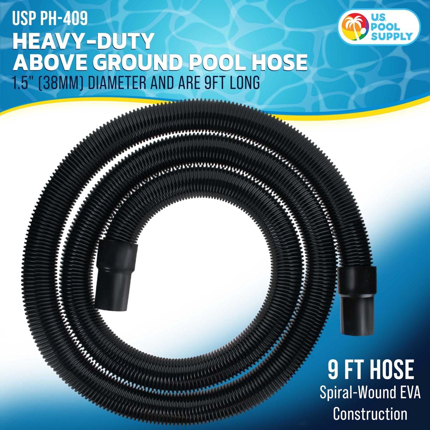 U.S. Pool Supply 9 Foot Heavy-Duty Above Ground Pool Hose, 1.5" - Black Replacement Filter Connecting Hose, Flexible Spiral Wound EVA - Compatible with Intex for Pool Filter Pumps - Skimmer Pump