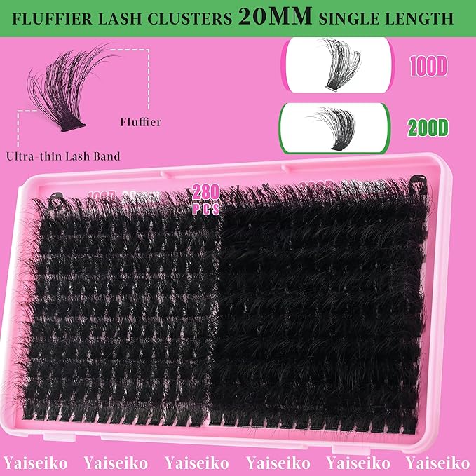 Lash Clusters 100D+200D Thick Eyelash Clusters 20mm Wispy Individual Mega Volume Lashes Cluster Eyelash Extensions 280Pcs DIY Lash Extension at Home, by Yaiseiko