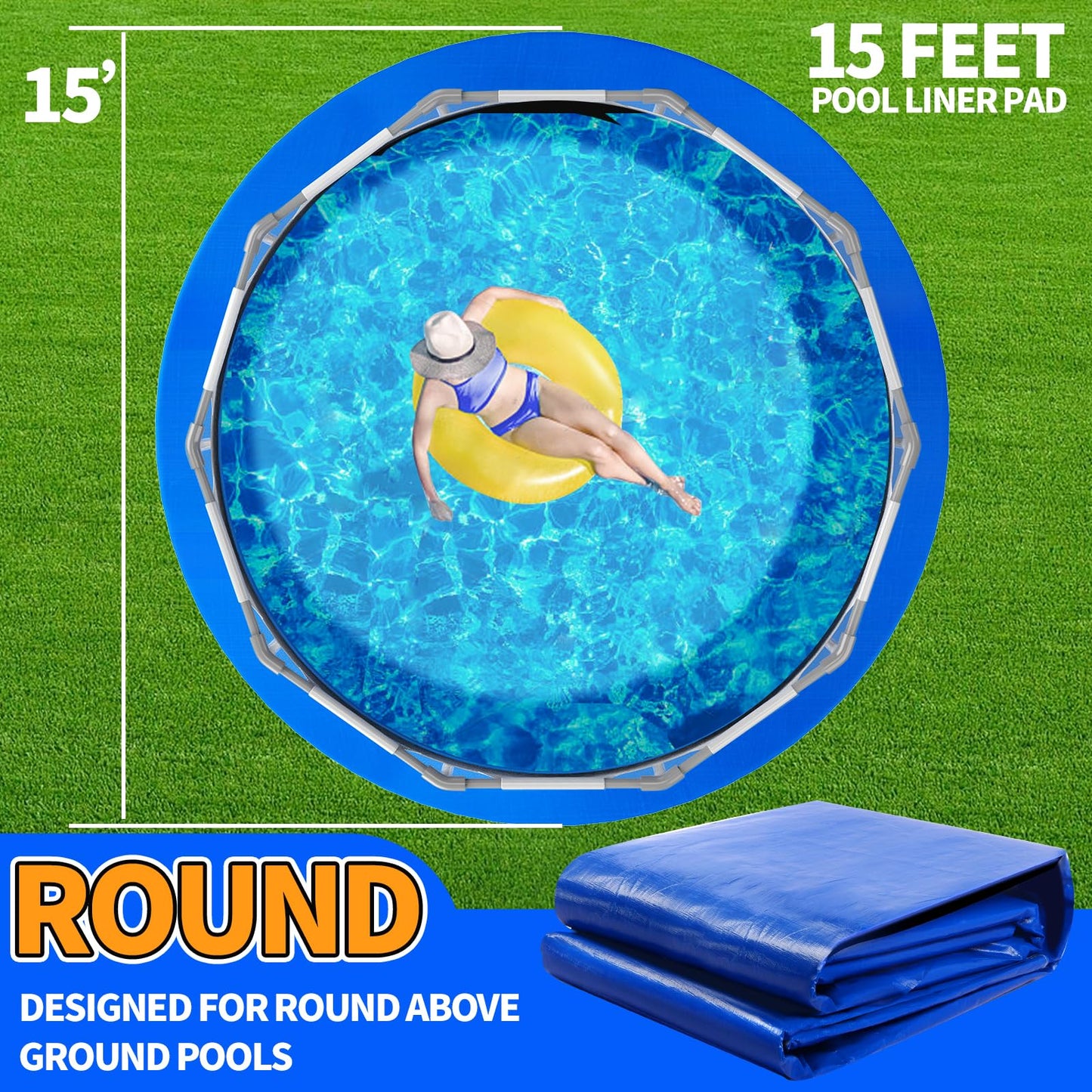 15FT Round Pool Liner Pad for Above Ground Pools, 180 GSM Heavy-Duty Puncture Resistant Under Mat, Underlayment Outdoor Tarp Protector for Lawn Concrete, Pool Floor Base Pad, Extends Liner Life