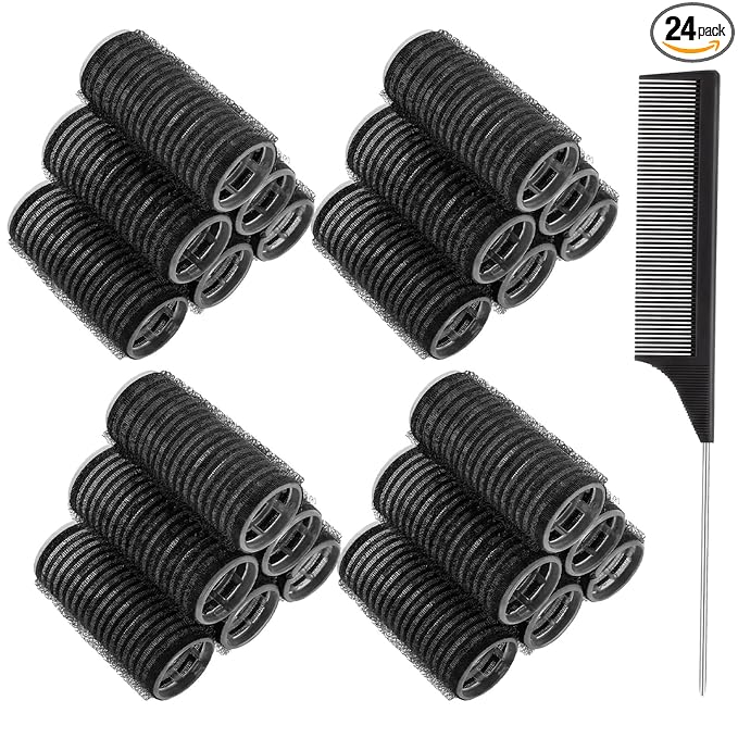 24 Pcs Self-Grip Small Hair Rollers Set, No Heat Curlers for Women Short Hair and Bangs - Overnight Use at Home Travel for Creating Waves and Curls (25mm, Black)