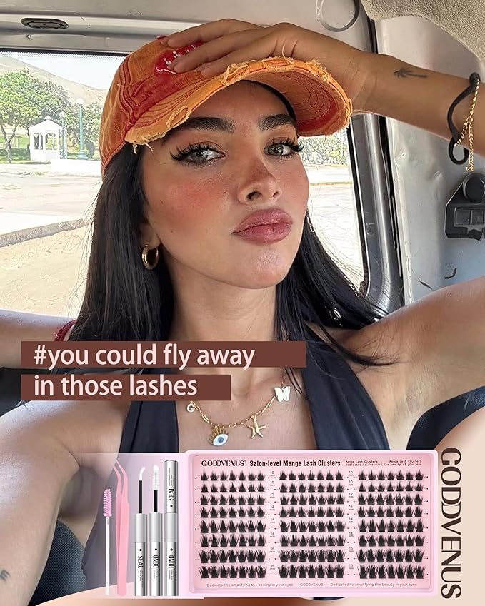Goddvenus Fluffy Manga Lash Clusters Kit, Natural Wispy Cluster Eyelash Extensions, DIY Lash Extension at Home For Dolly Anime Look, Fairy Individual Lashes Kit with Waterproof Bond and Seal