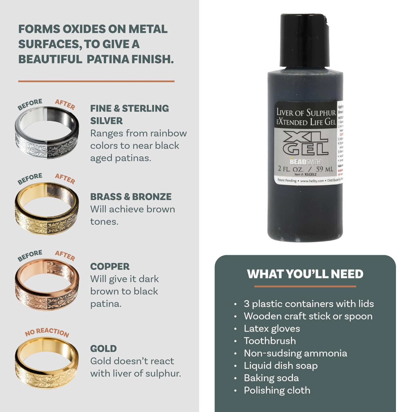The Beadsmith XL Gel Liver of Sulfur Extended Life Gel 2 Fluid Ounces (59ml) Bottle Apply a Patina Finish to Silver Copper and Other Metal for Oxidized Look on Art and Jewelry Projects