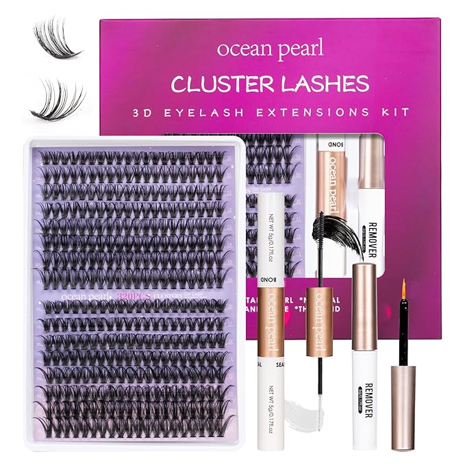 OCEAN PEARL 40D 50D Lash Clusters Lash Extension Kit 320 Pcs Thick Eyelashes Natural Lashes Clusters 10-16mm Eyelash Extensions Kit Individual Lashes with Bond and Seal Tweezers DIY Eyelash Extension