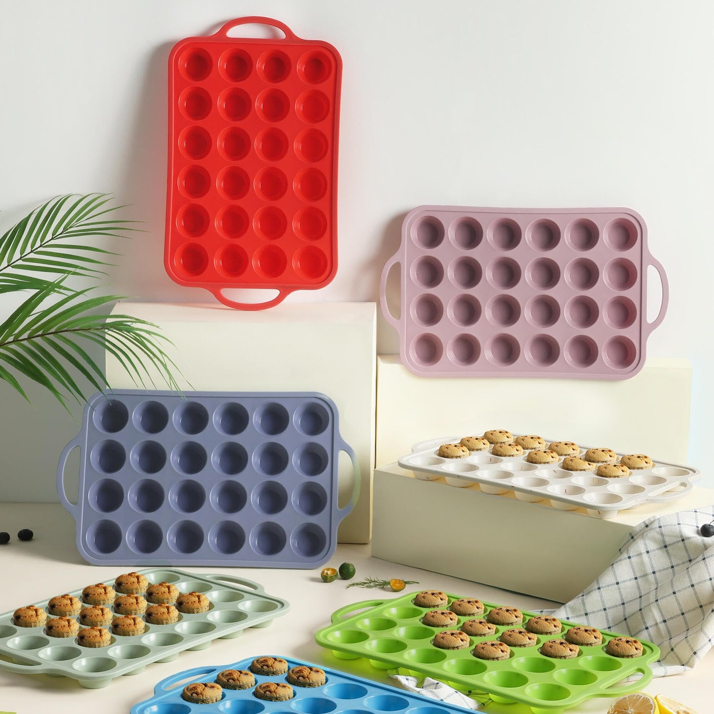 2 Packs 24 Cups Silicone Muffin Pan for Baking with Metal Reinforced Frame Mini Size Cupcake Pan Tray Chocolate Egg Pizza Bites Oven Cookie Mold Muffin Tin Tart Pans Sheet Set Small