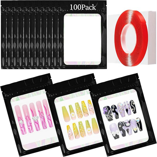 100PCS Empty Solid Black Holographic Nail Storage Bag Press on Nail Packaging Bag and 100PCS Shiny white cardboard Nail Tips Packaging Bags with 1 Roll Transparent Tape