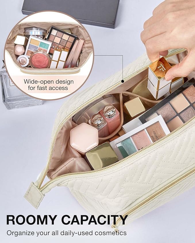 BAGSMART Travel Makeup Bag, Cosmetic Bag Small Make Up Organizer Case,Wide-open Pouch for Women Purse for Toiletries Accessories Brushes,Small Beige