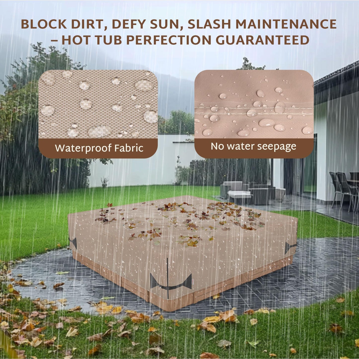 iBirdie Outdoor Waterproof Hot Tub Cover 93 x 93 inch fit 92 x 92 or 91 x 91 or 90 x 90 Square SPA 600D Heavy Duty Weatherproof Cover Protectors Protective Cap, Brown