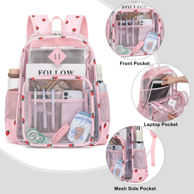 Xunteny Clear Backpack for Girls Women School Bookbag Heavy Duty Transparent Backpacks (Pink Corduroy Strawberry)