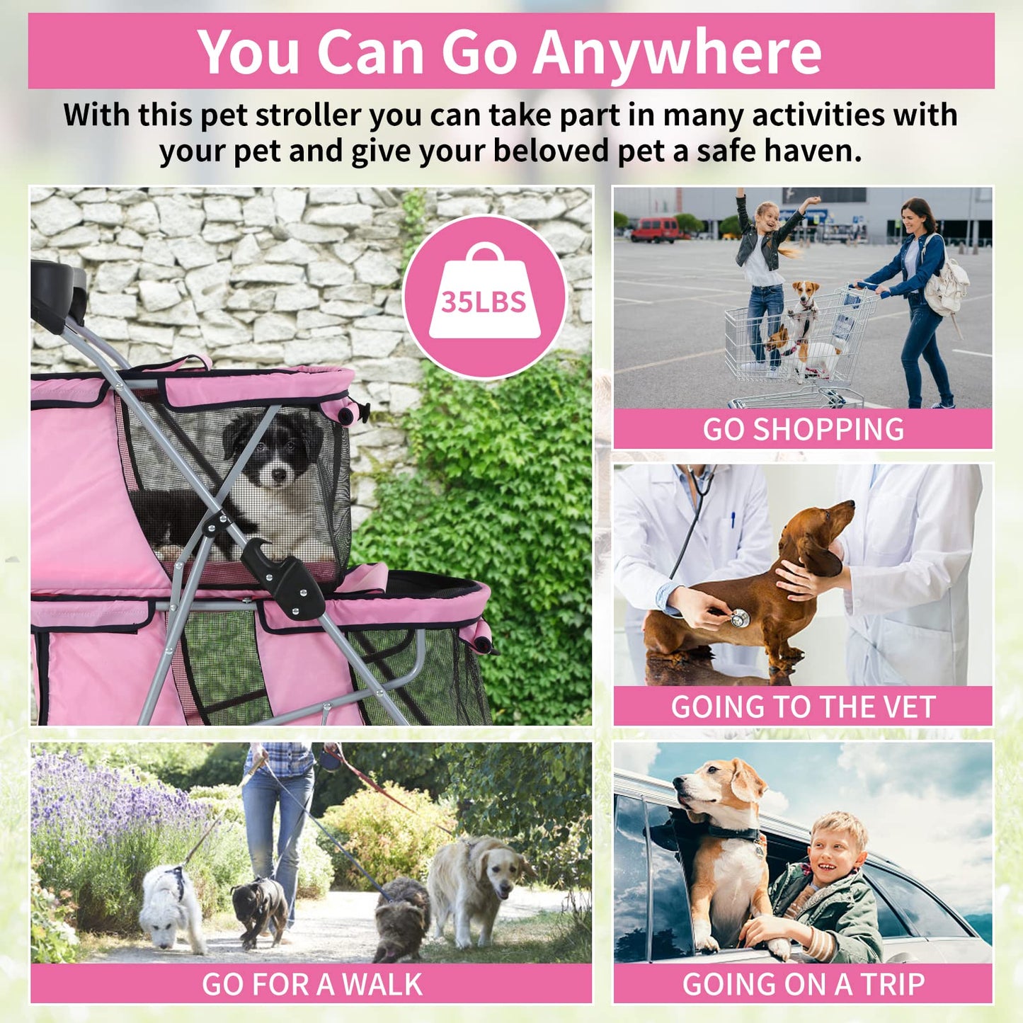 Dog Stroller 4 Wheels Cat Stroller Double Layer Pet Strollers Pet Carriers Jogger Strollers for Medium Dogs Cats Travel Camping Strolling Cart with Cup Holder Removable Liner, Pink