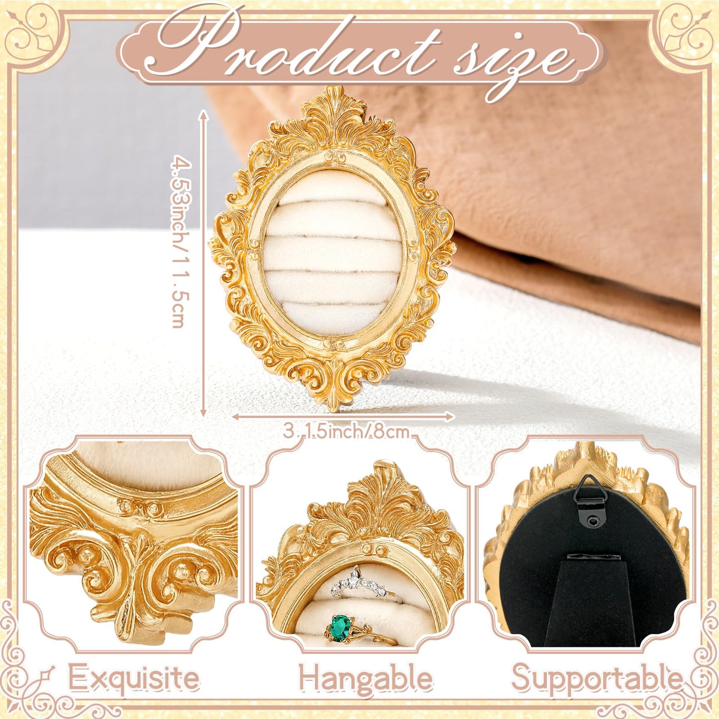 Liliaafar Vintage Ring Holder Oval Light Gold Ring Display Stand Frame Earring Display Tray Anniversary Engagement Baroque Wedding Jewelry Organizer Photograph Prop for Women Christmas Gift