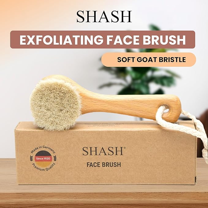 SHASH Since 1869 Hand Made in Germany - Sustainable Exfoliating Face Brush, Scrub Cleansing Brush, Exfoliates Skin to Help Reduce Flaking, Fine Lines, Supports Glowing Complexion (Soft Goat Bristle)