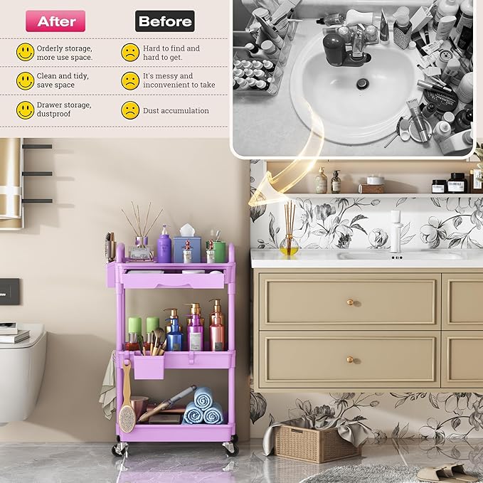 Goovilla Rolling Makeup Organizer Cart with Removable Drawer, 3 Tier Stable Purple Floor Skincare Storage Cart for Vanity, Cosmetic Display, Nail Polish, Perfume, Hair Stuff, Beauty, Bathroom(Plastic)
