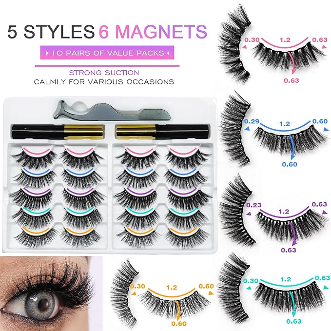 Royaomis 10 Pairs Cat-Eye Magnetic Lashes With Eyeliner, 3D Magnetic Eyelashes Natural Look With Eyeliner, Fake Eyelashes Magnetic