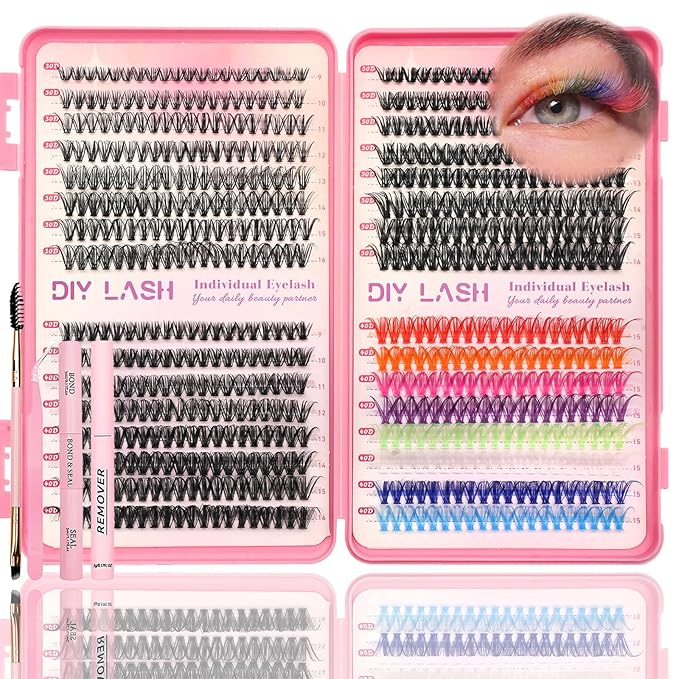Lash Clusters Kit, 560 Pcs Eyelashes Clusters Kit 9-16mm Individual Lash Extension Kit D Curl Fluffy Wispy False Eyelashes (30D+40D+50D+40D Colored, Lash Clusters Kit)