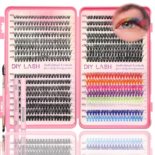 Lash Clusters Kit, 560 Pcs Eyelashes Clusters Kit 9-16mm Individual Lash Extension Kit D Curl Fluffy Wispy False Eyelashes (30D+40D+50D+40D Colored, Lash Clusters Kit)