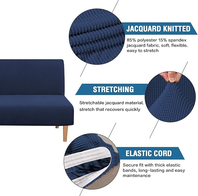 H.VERSAILTEX Armless Futon Cover Stretch Sofa Bed Slipcover Protector Elastic Feature Rich Textured High Spandex Small Checks Jacquard Fabric Futon Cover, Machine Washable, Navy