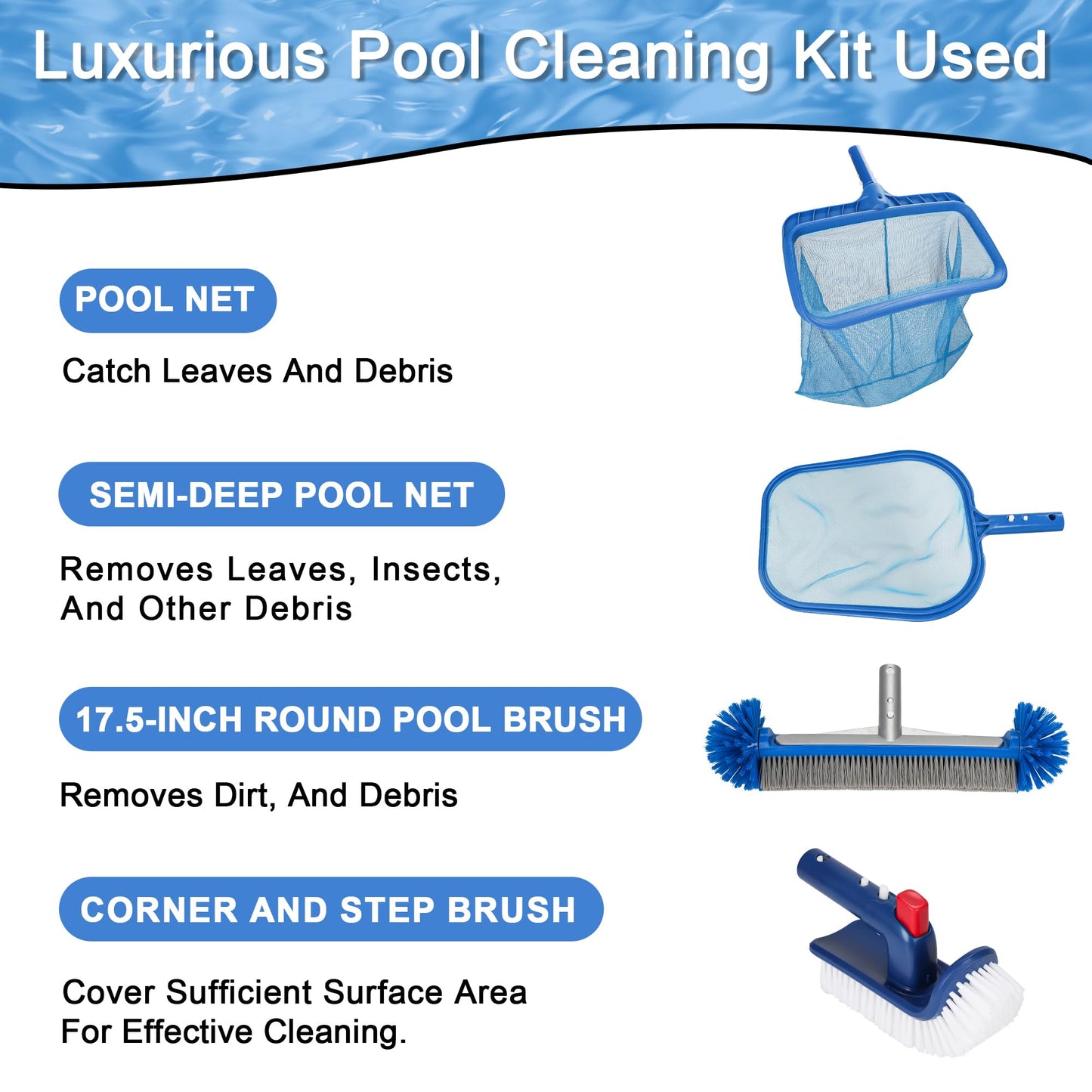 Ahomdoo Pool Cleaning Kit Professional Heavy Duty Leaf Skimmer Net, Deep Bag Rake & Wall Scrubber Brush, 4-Piece Pool Cleaning Equipment Set for Above Ground & Inground Pools (Pole Not Included)