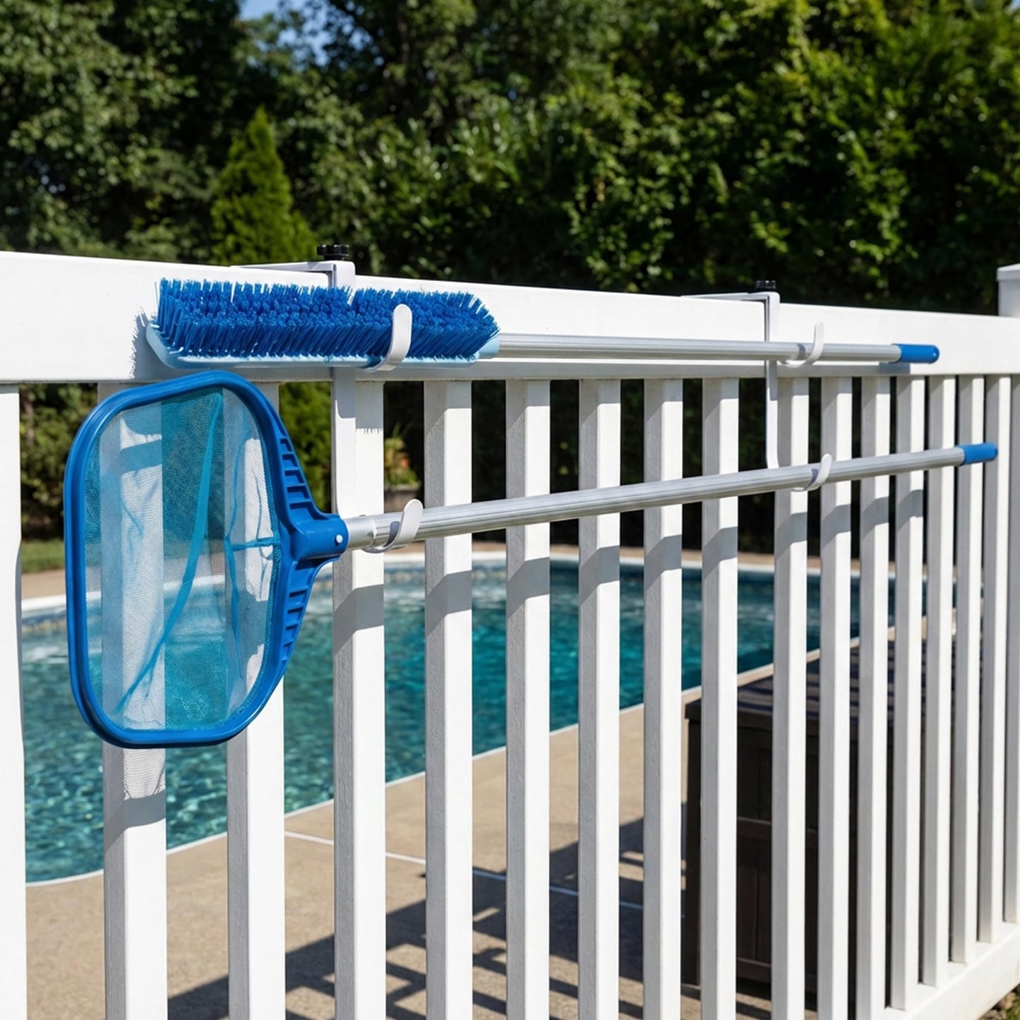 2 Pcs Double Pool Fence Hooks for Pool Equipment, Adjustable Pool Pole Hanger Holder, Rustproof Swimming Pools Skimmer Pole Hooks for Hanging Tool, Hose, Leaf Rakes, Nets Pool-Accessories (White)