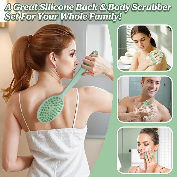 Silicone Back/Body/Face Scrubber & Soft Bath Glove Set 4PCS, Gentle Exfoliating Back & Body Scrubber with Dual-Side Brush Head, Hand-fit Bath Glove & Face Scrubber for Deep Cleaning(Green-4PC)