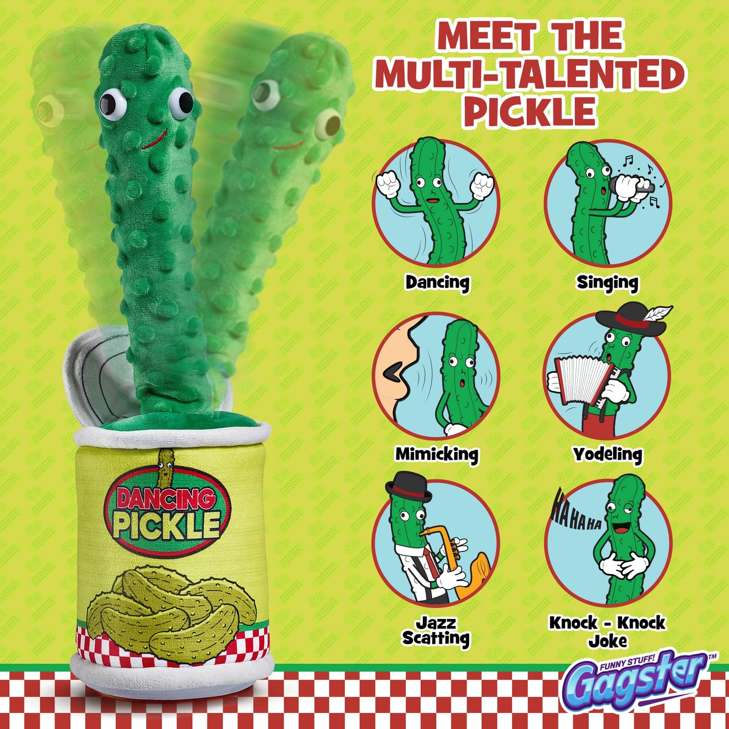 Gagster Dancing Pickle – Sings, Repeats What You Say & Tells Jokes – Hilarious Electronic Yodeling Pickle – Dance, Weird Random Stuff for Anyone Who Loves Funny Gag Gifts