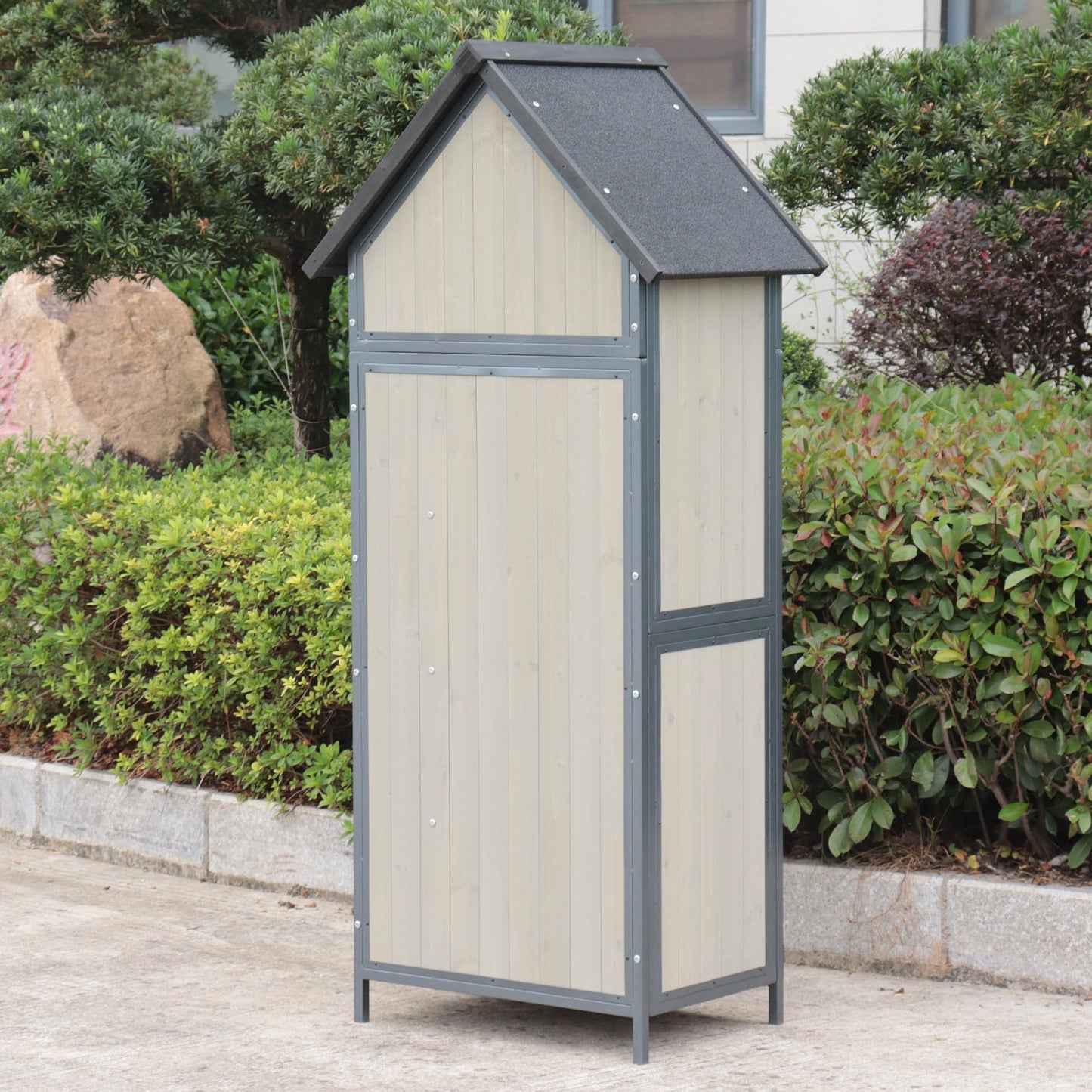 Outdoor Storage Shed with Floor, 68" Tall Wooden Garden Tool Cabinet, Metal-Framed Outdoor Tool Shed with Adjustable Shelves, Vertical Storage for Yard and Patio