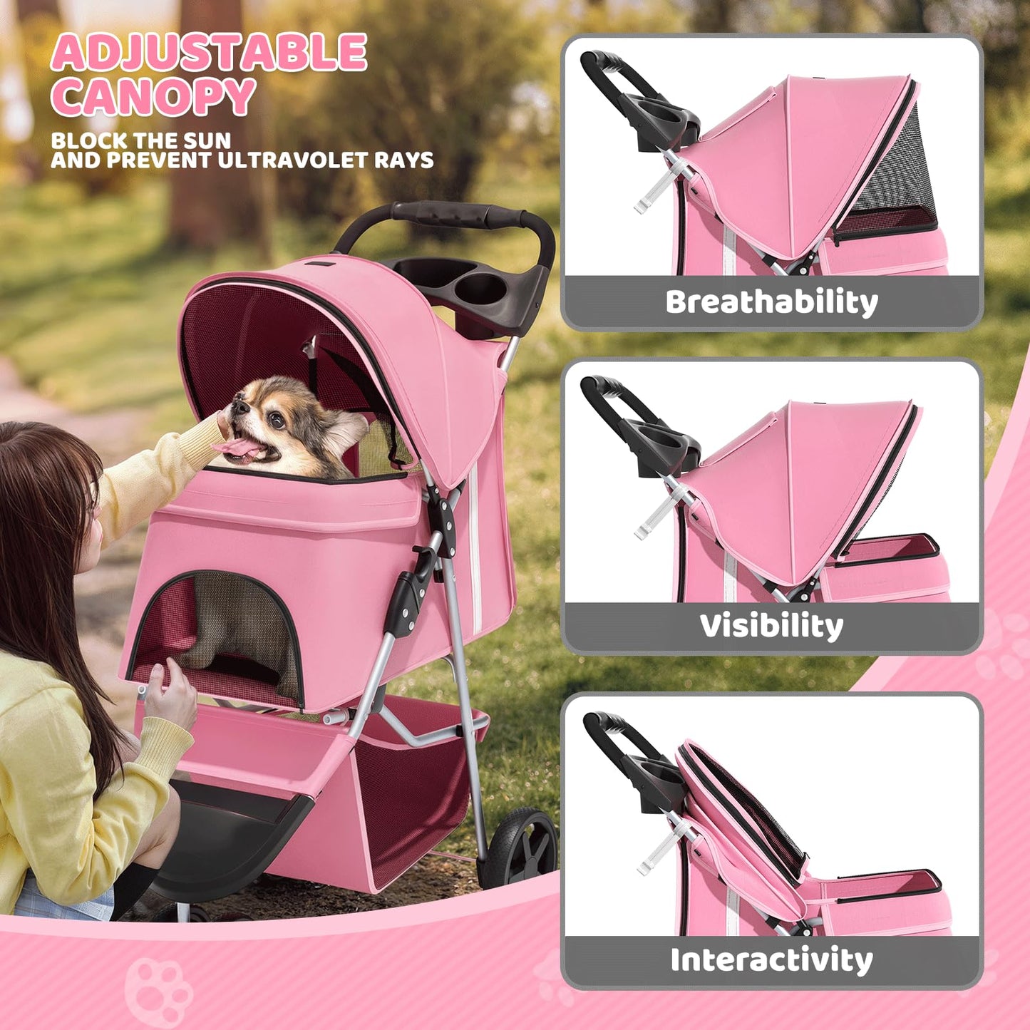 Magshion 3-Wheel Pet Stroller, Foldable Travel Jogger for Small & Medium Dogs & Cats (Up to 33lbs), Lightweight Carrier with Breathable Mesh Cover, Cup Holder & Storage Basket, Pink