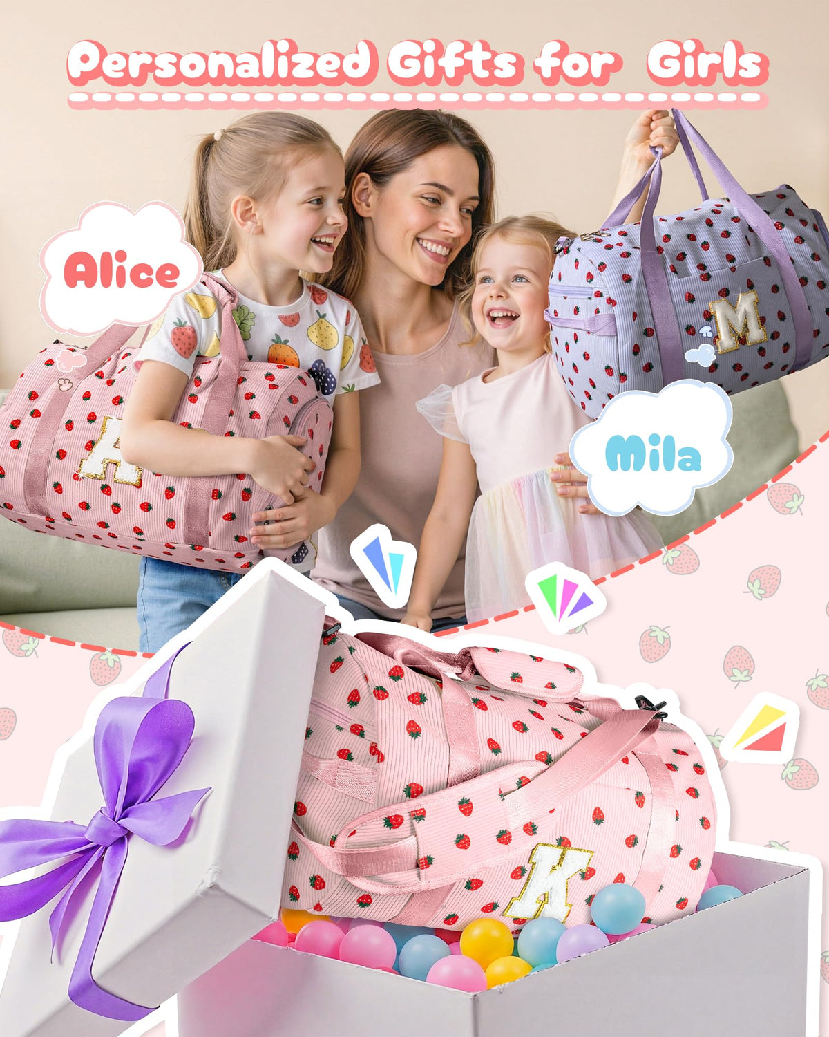 Vogewood 9 Year Old Girl Birthday Gifts, Girls Gym Bag, Kids Personalized Weekend Duffel Bags with Shoe Compartment, Initial Travel Tote with Makeup Bag, Cute Stuff for Daughter (Letter P)