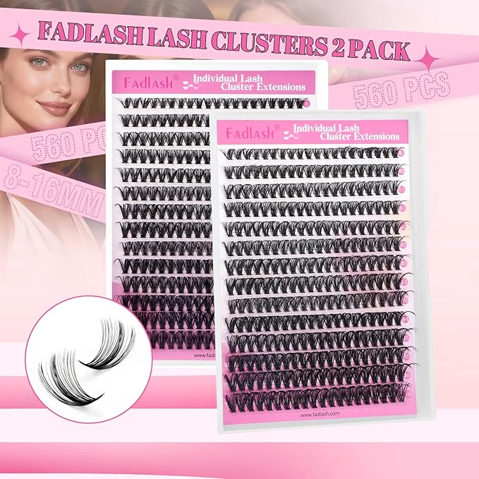 FADLASH Lash Clusters 560Pcs Natural Eyelash Clusters 40D Wispy Lash Extensions 8-16mm D Curl Cluster Eyelash Extensions DIY at Home, 2 Pack (40D 8-16mm, 2 Pack)