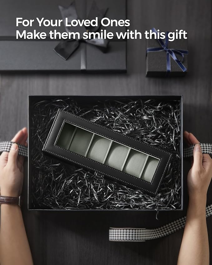 SONGMICS Watch Box, 6-Slot Watch Case Organizer with Large Glass Lid, Removable Pillows, Gift for Loved Ones, Black Synthetic Leather, Greenish Gray Lining UJWB06BK