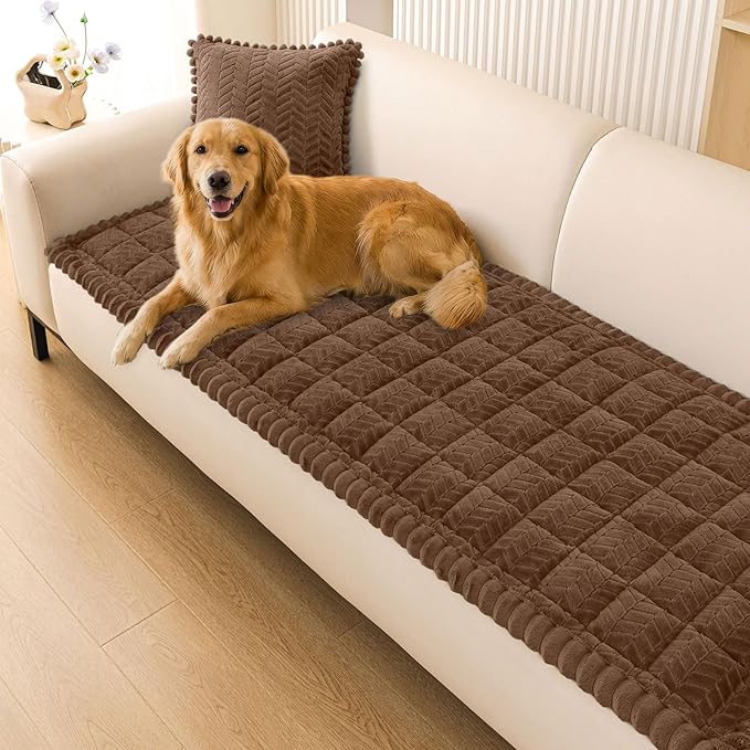 Smiry Non Slip Couch Covers for Dogs, Fuzzy Pet Couch Covers for 3 Cushion Sofa Pet Friendly, Soft Sofa Slipcovers Cushion Furniture Protector Washable (Brown, 27.6" x 82.7")
