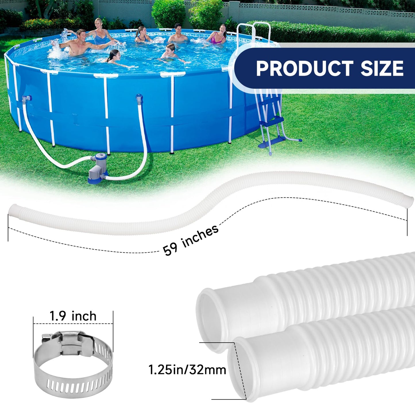 Pool Hoses for Above Ground Pools, 2 Pack 1.25 x 59 Inch Pool Filter Pump Hoses, Compatible with Intex Pool Filter Pump 607, 637 With 4 Metal Clamps(2)
