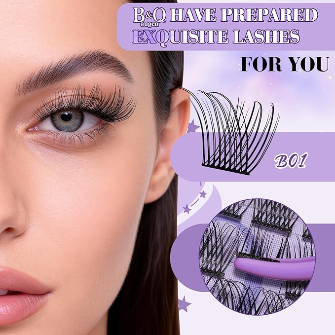 B&Q Wispy Lash Clusters Kit B01, DIY Lash Extension Kit 156PCS Eyelash Extension Kit, Soft Natural Lash Clusters 8-18MIX D Curl Lash cluster, Thin Black Band Cluster Eyelash Extensions (B01 Set)