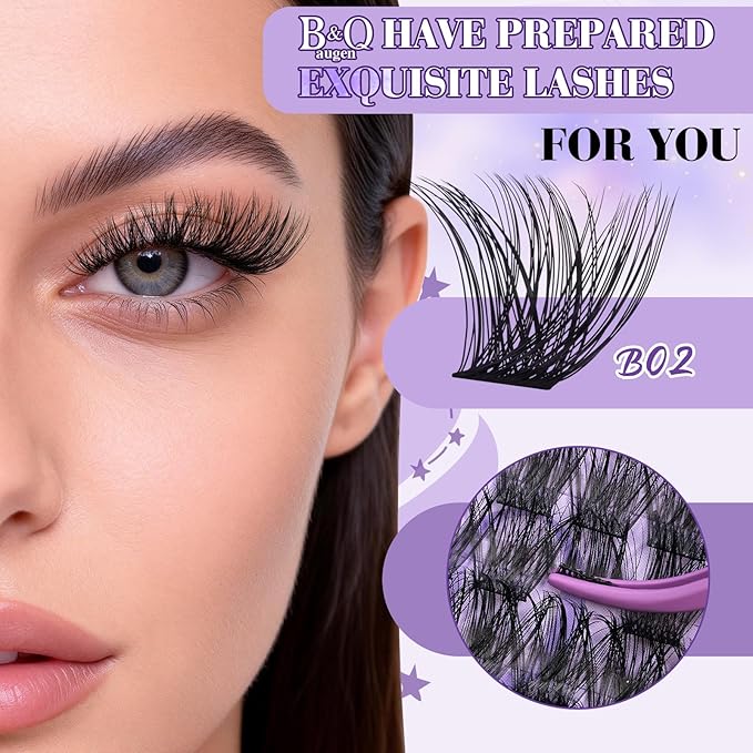 B&Q Wispy Lash Clusters Kit B02, DIY Lash Extension Kit 156PCS Eyelash Extension Kit, Soft Natural Lash Clusters 8-18MIX D Curl Lash cluster, Thin Black Band Cluster Eyelash Extensions (B02 Set)