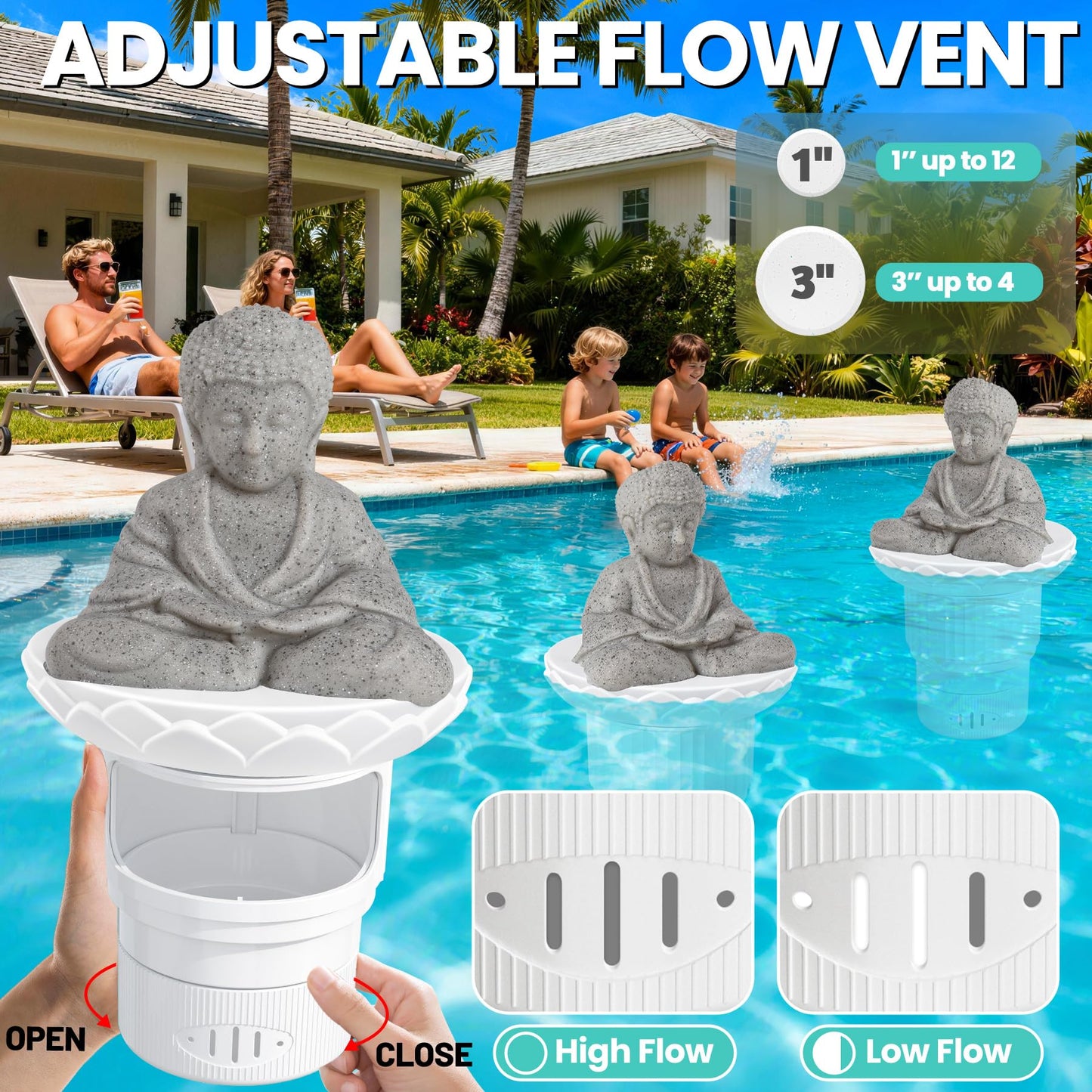 PRAXXIS Solar Chlorine Floater,Buddha Statue Pool Chlorine Floater with Solar Light, Adjustable Floating Chlorine Dispenser for Pool, Collapsible Chlorine Floater, Chlorine Floater for Hot Tub(White)