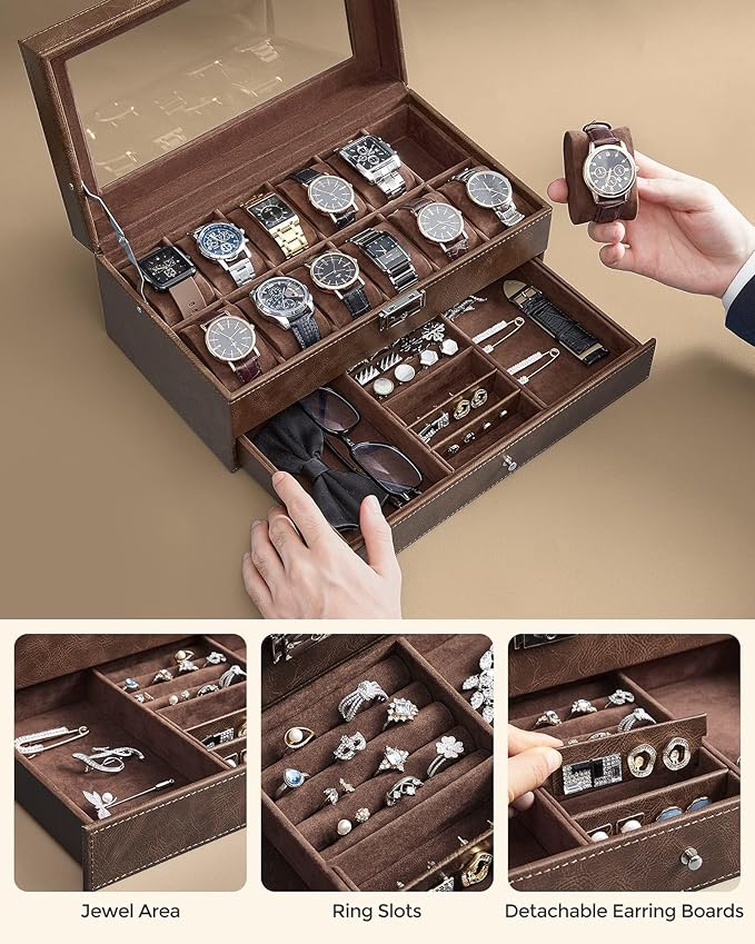 SONGMICS Watch Box, 12-Slot Watch Case Organizer with Large Glass Lid, 2 Layers, Removable Pillows, Metal Lock, Gift for Loved Ones, Brown Synthetic Leather, Brown Lining UJWB012K01